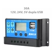 30A-es töltésszabályzó napelemekhez, 12-24V, dupla 5V USB kimenet