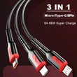 3 az 1-ben 6A-es 66W-os gyorstöltő kábel spirálozott kialakítással 1,8m, Micro USB, USB C, 8Pin