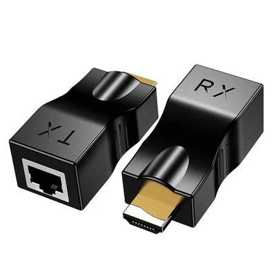 HDMI Extender, vezetékes HDMI hosszabbító, max 30m átvitel Cat6 kábelen, tápellátás nélküli, fekete