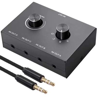 Kétirányú 3,5 mm-es sztereó audio kapcsoló, 4 be/ki meneti portal, audio váltó és elosztó doboz