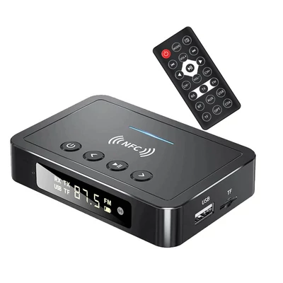 5 az 1-ben NFC többfunkciós Bluetooth adapter, LED kijelzővel, beépített mikrofonnal, mp3 lejátszó, FM transmitter, távirányító