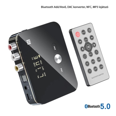 M8 5 az 1-ben többfunkciós Bluetooth adó/vevő adapter, NFC, LED kijelzővel, digitális analóg átalakító, mp3 lejátszó, távirányítóval