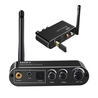 T01 2 az 1-ben Bluetooth 5.0 audio vevő adapter és 96Khz DAC digitális-analóg átalakító, hangerő, basszus és hangszín szabályzóval, távirányítóval