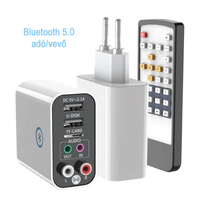 Bluetooth 5.0 Audio adó/vevő, 2.1A-es töltő és MP3 lejátszó adapter